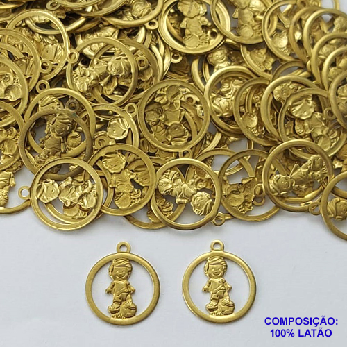 ACESSÓRIO NO BRUTO PRONTO PARA O BANHO(CX74) - (3.3299A1) PINGENTE REDONDO VAZADO MENINO 14MM - COMPOSIÇÃO: 100% LATÃO - PESO TOTAL 0,5GR - BRU0002749