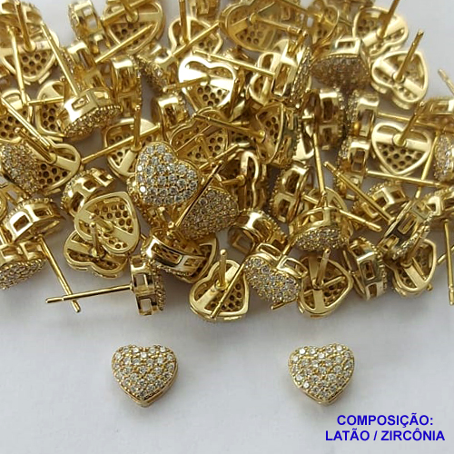 BRINCO NO BRUTO PRONTO PARA BANHO(CX74) - BRINCO DE PINO CORAÇÃO CRAVEJADOS EM MICROS ZIRCÔNIAS 7MM - PESO: 1GR - BRU13497