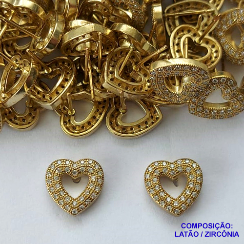 BRINCO NO BRUTO PRONTO PARA BANHO(CX79) - BRINCO DE PINO CORAÇÃO VAZADO CRAVEJADOS EM MICROS ZIRCÔNIAS 12MM - PESO: 2,5GR - BRU13498