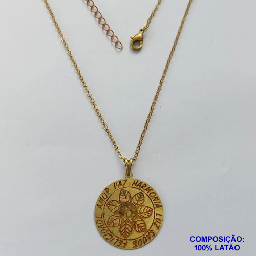 GARGANTILHA NO BRUTO PRONTO PARA BANHO(CX80) - GARGANTILHA CORRENTE CADEADO 45CM + EXTENSOR E PINGENTE MANDALA EM FOTO CORROSÃO 25MM - PESO: 2,7GR - BRU13503