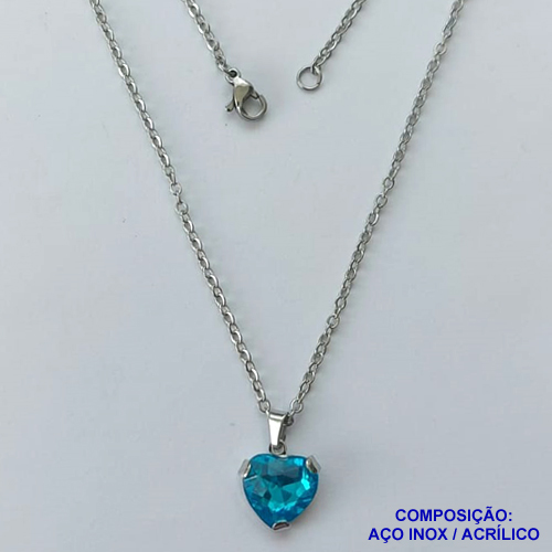 GARGANTILHA EM AÇO INOXIDÁVEL - (AÇO03) GARGANTILHA COM CORRENTE 50CM E PINGENTE CORAÇÃO EM ACRÍLICO AZUL 12MM - FECHO LAGOSTA - COMPOSIÇÃO: AÇO INOXIDÁVEL / ACRÍLICO - AÇO1346