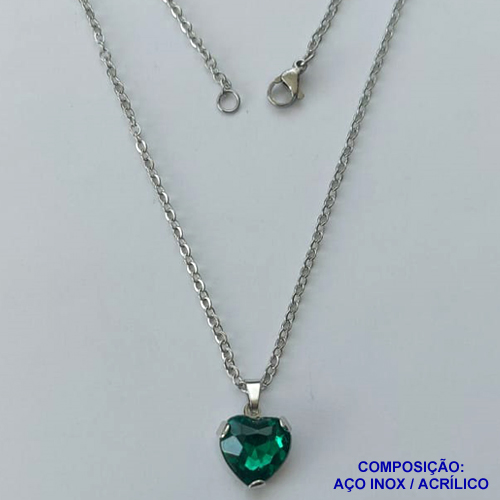 GARGANTILHA EM AÇO INOXIDÁVEL - (AÇO03) GARGANTILHA COM CORRENTE 50CM E PINGENTE CORAÇÃO EM ACRÍLICO VERDE 12MM - FECHO LAGOSTA - COMPOSIÇÃO: AÇO INOXIDÁVEL / ACRÍLICO - AÇO1347