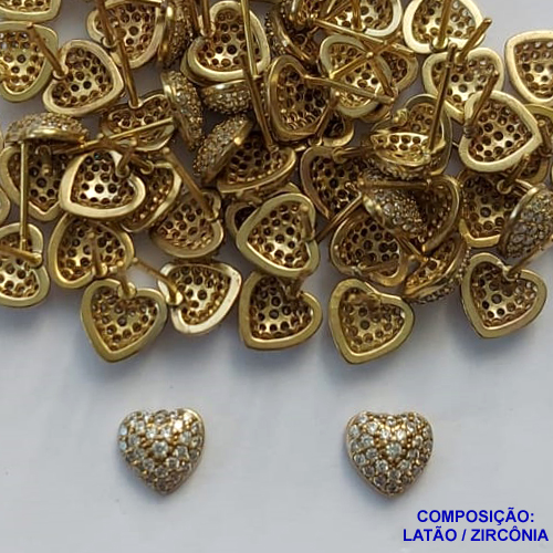 BRINCO NO BRUTO PRONTO PARA BANHO(CX77) -  BRINCO DE PINO CORAÇÃO CRAVEJADO EM MICROS ZIRCÔNIAS 7MM - PESO: 1GR - COMPOSIÇÃO: LATÃO / ZIRCÔNIA - BRU13507