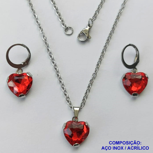 CONJUNTO EM AÇO INOXIDÁVEL - (AÇO03) CONJUNTO COM CORRENTE 50CM E BRINCOS ARGOLINHA DE PRESSÃO (TRANQUETA) COM PINGENTES CORAÇÕES EM ACRÍLICO VERMELHO 12MM - FECHO LAGOSTA - COMPOSIÇÃO: AÇO INOXIDÁVEL / ACRÍLICO - AÇO1354
