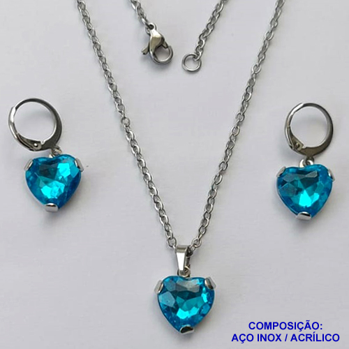 CONJUNTO EM AÇO INOXIDÁVEL - (AÇO03) CONJUNTO COM CORRENTE 50CM E BRINCOS ARGOLINHA DE PRESSÃO (TRANQUETA) COM PINGENTES CORAÇÕES EM ACRÍLICO AZUIS 12MM - FECHO LAGOSTA - COMPOSIÇÃO: AÇO INOXIDÁVEL / ACRÍLICO - AÇO1355