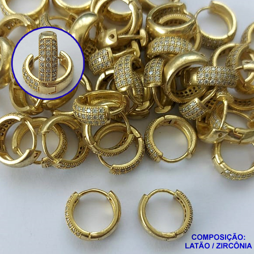 BRINCO NO BRUTO PRONTO PARA BANHO(CX78) -  BRINCO DE ARGOLINHA DE PRESSÃO CRAVEJADO EM MICROS ZIRCÔNIAS 5X14MM - PESO: 3,1GR - COMPOSIÇÃO: LATÃO / ZIRCÔNIA - BRU13512