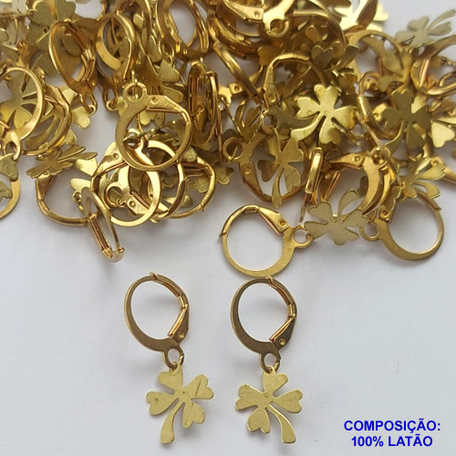 BRINCO NO BRUTO PRONTO BANHO(CX103) - (V1992) BRINCO ARGOLINHA DE PRESSÃO (TRANQUETA) PINGENTE TREVO DE QUATRO FOLHAS 10X12MM - PESO TOTAL 1.1GR - BRU13519