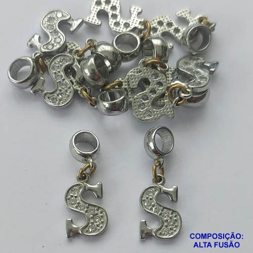 ACESSÓRIO NO BRUTO PRONTO PARA O BANHO(CX80)- (BLQ-097S) LETRA "S" COM ZIRCÔNIAS 8X12MM - BERLOQUE PARA PULSEIRA SIMILAR A PANDORA - COMPOSIÇÃO: ALTA FUSÃO - PESO 1GR - BRU0002791
