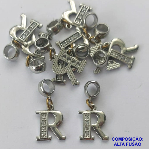 ACESSÓRIO NO BRUTO PRONTO PARA O BANHO(CX80) - (BLQ-097R) LETRA "R" COM ZIRCÔNIAS 10X13MM - BERLOQUE PARA PULSEIRA SIMILAR A PANDORA - COMPOSIÇÃO: ALTA FUSÃO - PESO 1GR - BRU0002793