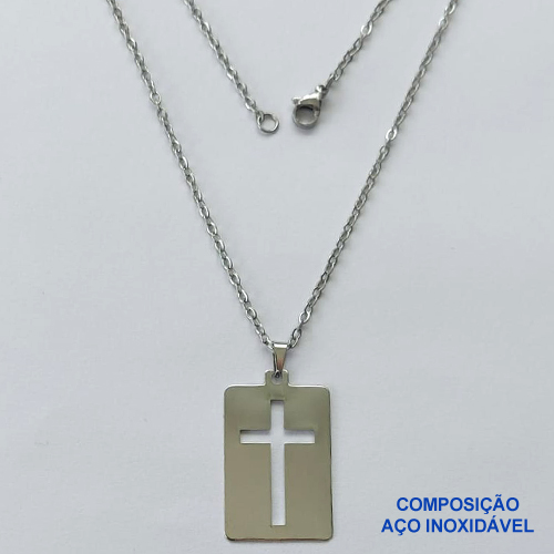 GARGANTILHA EM AÇO INOXIDÁVEL(CX80) - (BCOL033) CORRENTE ELO PORTUGUÊS 50CM (E1320) COM PINGENTE RETANGULAR CRUCIFIXO VAZADO 20X30MM - FECHO LAGOSTA - AÇO1367