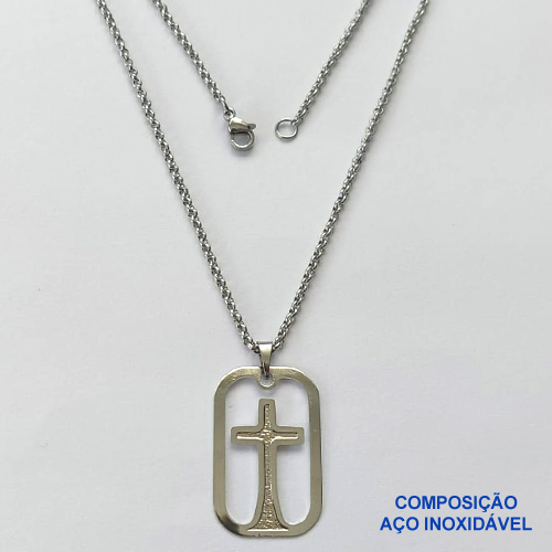 GARGANTILHA EM AÇO INOXIDÁVEL (CX80)- (BCOL033) CORRENTE ELO PORTUGUÊS 50CM (E1322) COM PINGENTE RETANGULAR CRUCIFIXO VAZADO 18X29MM - FECHO LAGOSTA - AÇO1368