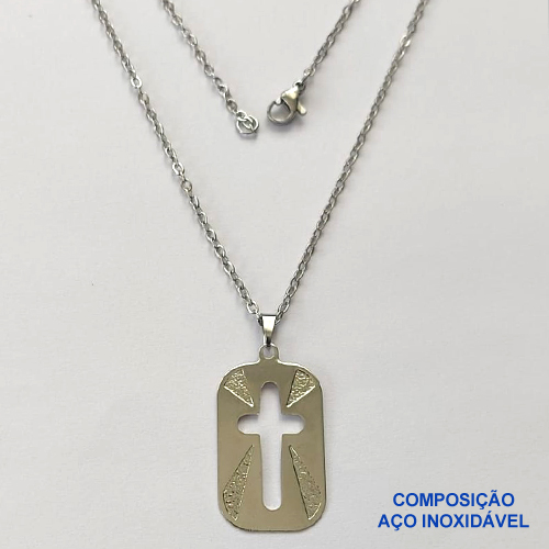 GARGANTILHA EM AÇO INOXIDÁVEL -(CX80) (ACO07) CORRENTE ELO PORTUGUÊS 50CM (E1323) COM PINGENTE RETANGULAR CRUCIFIXO VAZADO 19X30MM - FECHO LAGOSTA - AÇO1369