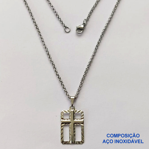 GARGANTILHA EM AÇO INOXIDÁVEL (CX80)- (BCOL033) CORRENTE ELO PORTUGUÊS 50CM (E1287) COM PINGENTE RETANGULAR CRUCIFIXO VAZADO 14X20MM - FECHO LAGOSTA - AÇO1370
