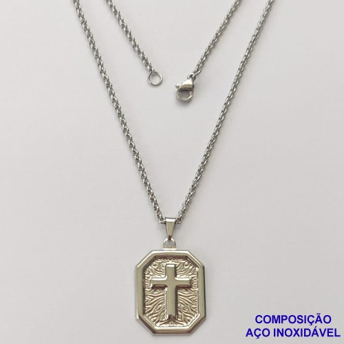 GARGANTILHA EM AÇO INOXIDÁVEL (CX83)- (BCOL033) CORRENTE ELO PORTUGUÊS 50CM (E1263) COM PINGENTE RETANGULAR CRUCIFIXO 18X25MM - FECHO LAGOSTA - AÇO1372