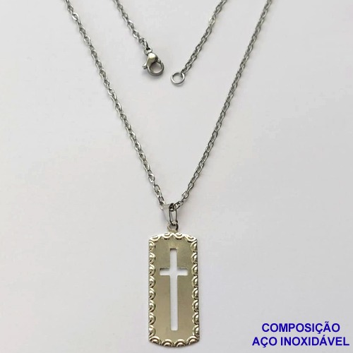 GARGANTILHA EM AÇO INOXIDÁVEL- (CX83) CORRENTE (07) 50CM (E1262) COM PINGENTE RETANGULAR CRUCIFIXO 9X31MM - FECHO LAGOSTA - AÇO1373