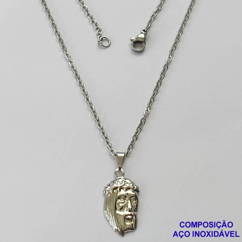 GARGANTILHA EM AÇO INOXIDÁVEL (CX83)-CORRENTE (O7) 50CM  COM PINGENTE FACE DE CRISTO 7X18MM - FECHO LAGOSTA - AÇO1374