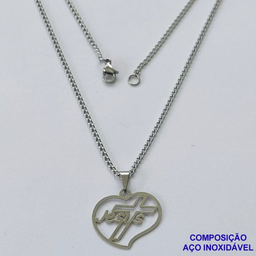 GARGANTILHA EM AÇO INOXIDÁVEL(CX83) - GARGANTILHA COM PINGENTE CORAÇÃO VAZADO ESCRITO JESUS E UM CRUCIFIXO 4MM - TAMANHO: 45CM - COMPOSIÇÃO: AÇO INOXIDÁVEL - AÇO1380