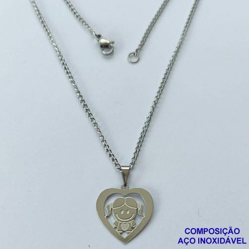 GARGANTILHA EM AÇO INOXIDÁVEL(CX83) - GARGANTILHA COM PINGENTE CORAÇÃO VAZADO MENINA 18MM - TAMANHO: 45CM - COMPOSIÇÃO: AÇO INOXIDÁVEL - AÇO1381