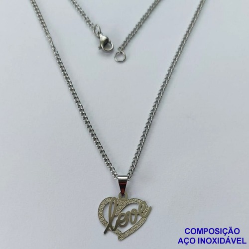 GARGANTILHA EM AÇO INOXIDÁVEL(CX83) - GARGANTILHA COM PINGENTE CORAÇÃO VAZADO ESCRITO LOVE 17MM - TAMANHO: 45CM - COMPOSIÇÃO: AÇO INOXIDÁVEL - AÇO1382