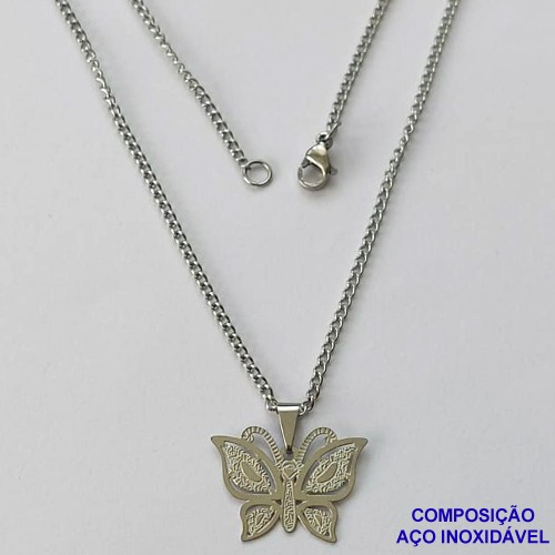 GARGANTILHA EM AÇO INOXIDÁVEL(CX85) - GARGANTILHA COM PINGENTE BORBOLETA DESENHADA 20MM - TAMANHO: 45CM - COMPOSIÇÃO: AÇO INOXIDÁVEL - AÇO1395