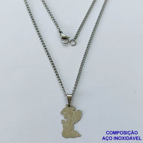 GARGANTILHA EM AÇO INOXIDÁVEL(CX85) - GARGANTILHA COM PINGENTE ANJINHO 12MM - TAMANHO: 45CM - COMPOSIÇÃO: AÇO INOXIDÁVEL - AÇO1396