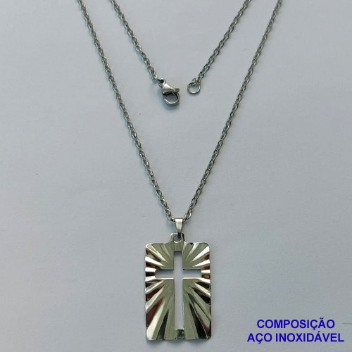 GARGANTILHA EM AÇO INOXIDÁVEL- (CX85) CORRENTE (07) 50CM (E1337) COM PINGENTE RETANGULAR CRUCIFIXO 19x31MM - FECHO LAGOSTA - AÇO1402