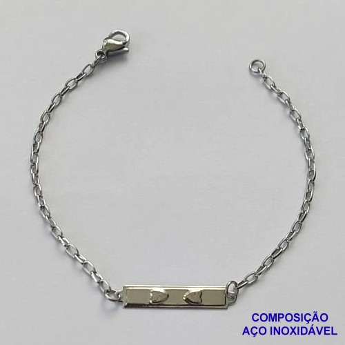 PULSEIRA EM AÇO INOXIDÁVEL( CX85) (AÇO12) - PULSEIRA INFANTIL CHAPINHA DESENHADA CORAÇÃO 20MM TAMANHO 14CM - LARGURA 1,0MM - FECHO LAGOSTA - COMPOSIÇÃO: AÇO INOXIDÁVEL - AÇO1409