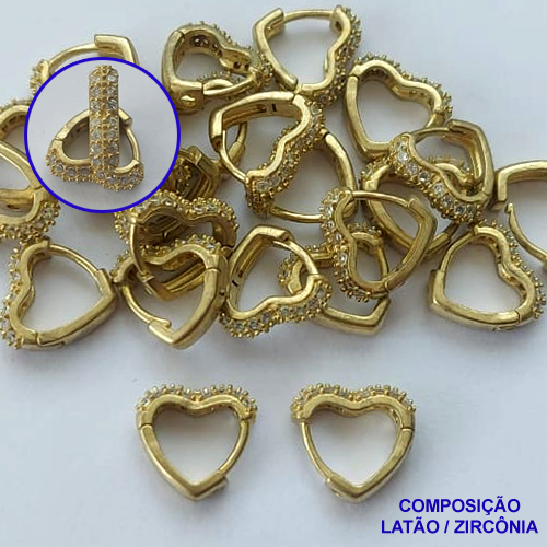 BRINCO NO BRUTO PRONTO PARA O BANHO(CX92) - BRINCO ARGOLA CORAÇÃO CRAVEJADO EM MICROS ZIRCÔNIAS 3X11MM - PESO TOTAL 1,7GR - BRU13540