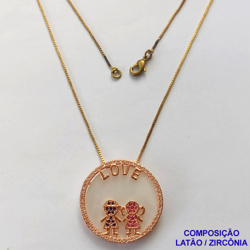 GARGANTILHA NO BRUTO PRONTO PARA O BANHO(CX84) - GARGANTILHA COM PULSEIRA VENEZIANA 45CM PINGENTE REDONDO LOVE COM MENINO E MENINA CRAVEJADO EM MICRO ZIRCÔNIAS 29MM - PESO 7GR - BRU13545