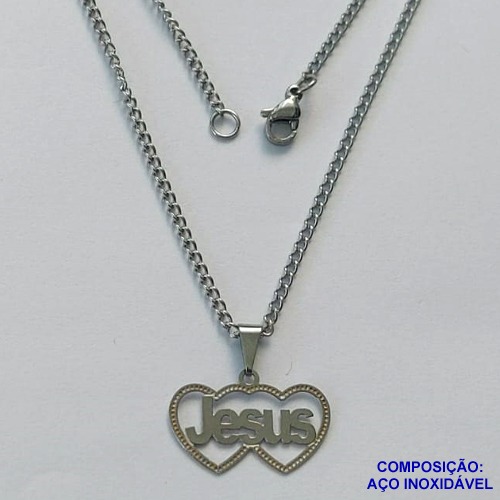 GARGANTILHA EM AÇO INOXIDÁVEL (CX89) - GARGANTILHA COM PINGENTE CORAÇÃO VAZADO ESCRITO JESUS 20MM - TAMANHO: 45CM - COMPOSIÇÃO: AÇO INOXIDÁVEL - AÇO1455