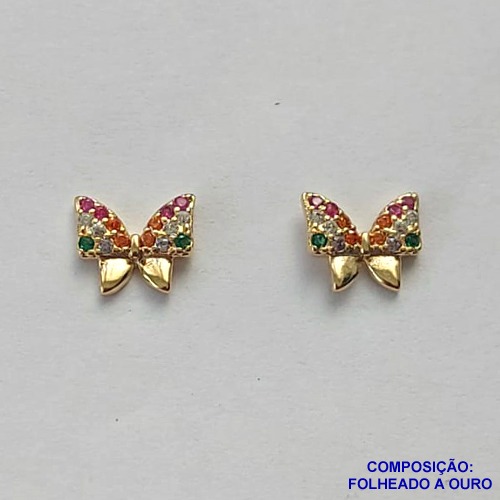 BRINCO FOLHEADO A OURO (BRBD551) - BANHADO COM 5 MILÉSIMOS + VERNIZ DIAMOND - BRINCO DE PINO LAÇO COM MICRO ZIRCÔNIAS COLORIDAS 8MM - OURO221