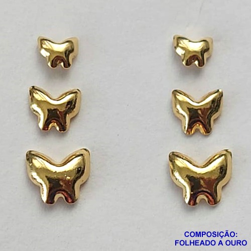 BRINCO FOLHEADO A OURO (BRTO62ZD) - BANHADO COM 5 MILÉSIMOS + VERNIZ DIAMOND -  TRIO DE BRINCO DE PINO BORBOLETA 5/4/3MM - OURO227