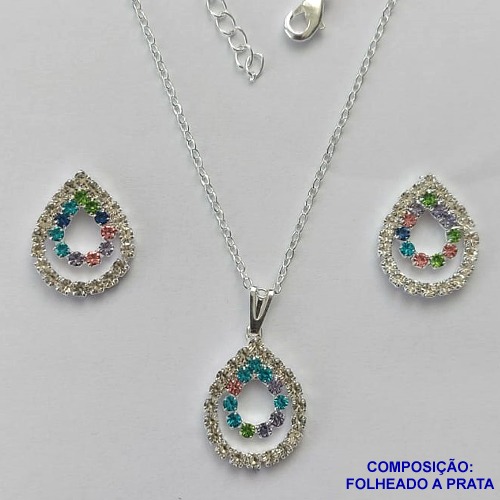 CONJUNTO FOLHEADO A PRATA COM 50 MILÉSIMOS + VERNIZ DIAMOND - CONJUNTO CORRENTE CADEADO 45CM E PINGENTES GOTAS VAZADAS COM CRISTAIS 15X21MM   FECHO LAGOSTA PRA029