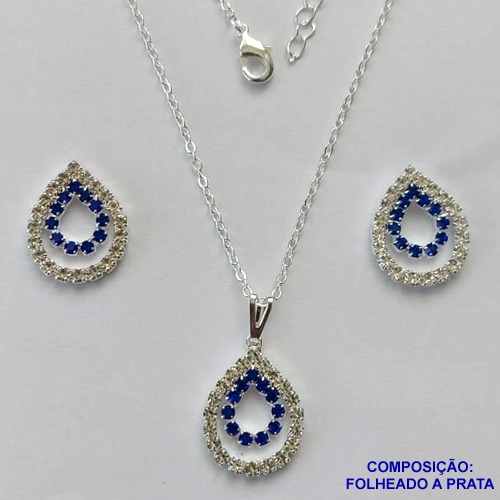 CONJUNTO FOLHEADO A PRATA COM 50 MILÉSIMOS + VERNIZ DIAMOND - CONJUNTO CORRENTE CADEADO 45CM E PINGENTES GOTAS VAZADAS COM CRISTAIS 15X21MM   FECHO LAGOSTA PRA030