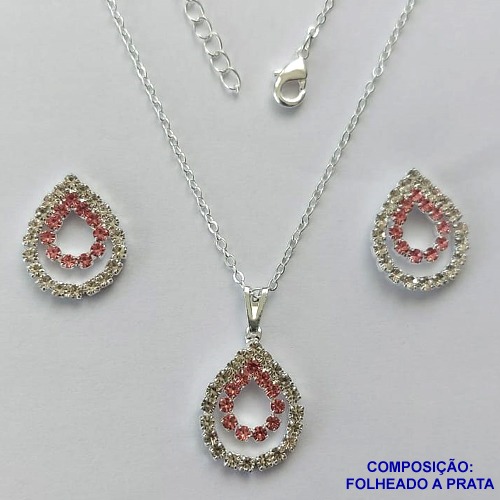 CONJUNTO FOLHEADO A PRATA COM 50 MILÉSIMOS + VERNIZ DIAMOND - CONJUNTO CORRENTE CADEADO 45CM E PINGENTES GOTAS VAZADAS COM CRISTAIS 15X21MM   FECHO LAGOSTA PRA031