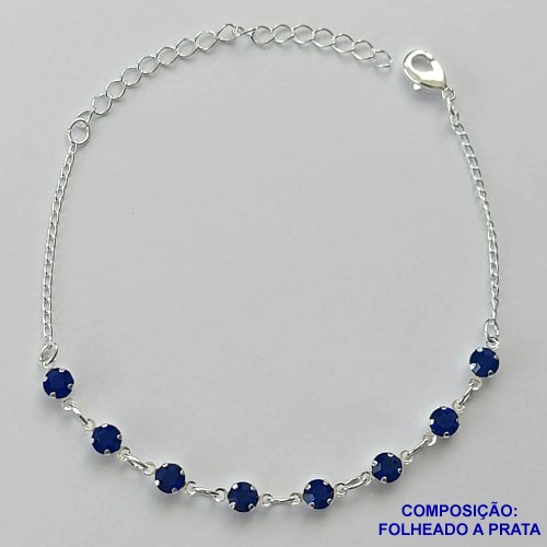 PULSEIRA FOLHEADO A PRATA COM 50 MILÉSIMOS + VERNIZ DIAMOND - PULSEIRA 15CM COM STRASS AZUÍS + EXTENSOR FECHO LAGOSTA PRA033