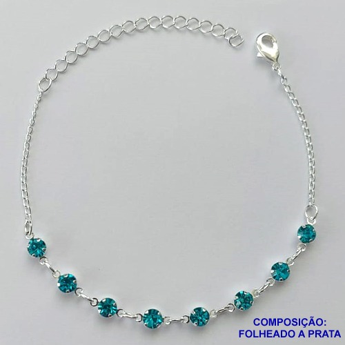 PULSEIRA FOLHEADO A PRATA COM 50 MILÉSIMOS + VERNIZ DIAMOND - PULSEIRA 15CM COM STRASS AZUÍS + EXTENSOR FECHO LAGOSTA PRA034