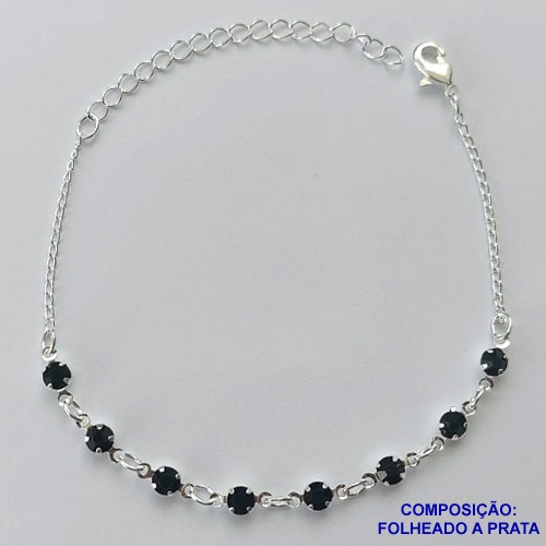 PULSEIRA FOLHEADO A PRATA COM 50 MILÉSIMOS + VERNIZ DIAMOND - PULSEIRA 15CM COM STRASS PRETO + EXTENSOR FECHO LAGOSTA PRA038