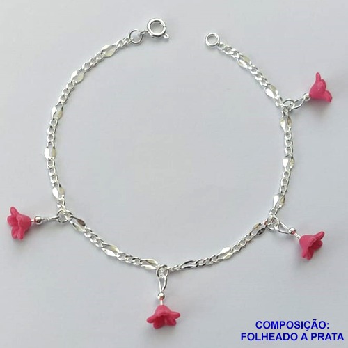 PULSEIRA FOLHEADO A PRATA COM 50 MILÉSIMOS + VERNIZ DIAMOND - PULSEIRA 19CM COM FLORZINHAS ROSAS PRA039