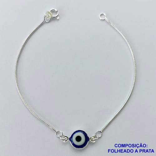 PULSEIRA FOLHEADO A PRATA COM 50 MILÉSIMOS + VERNIZ DIAMOND - PULSEIRA 18CM RABO DE RATO COM OLHO  GREGO 10MM PRA040