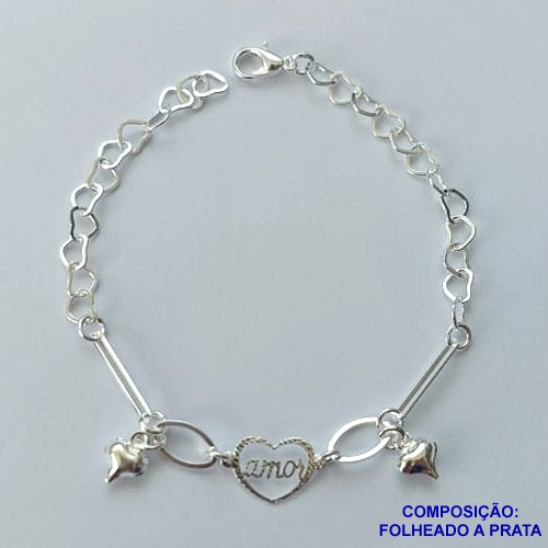 PULSEIRA FOLHEADO A PRATA COM 50 MILÉSIMOS + VERNIZ DIAMOND - PULSEIRA 17CM CORAÇÃO AMOR VAZADO E MINI CORAÇÕES PRA042