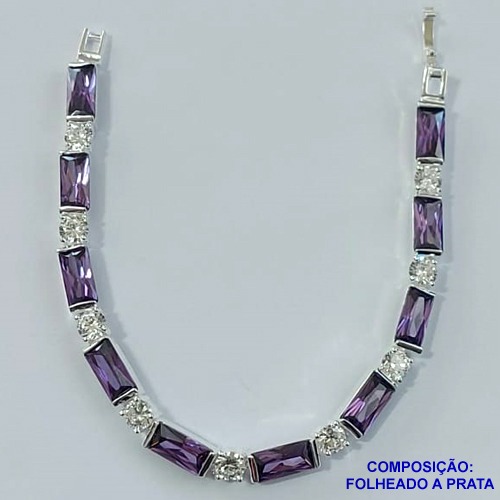 PULSEIRA FOLHEADO A PRATA COM 50 MILÉSIMOS + VERNIZ DIAMOND - PULSEIRA 18CM COM ZIRCÔNIAS CRISTAIS E ROXA COM TRAVA PRA043