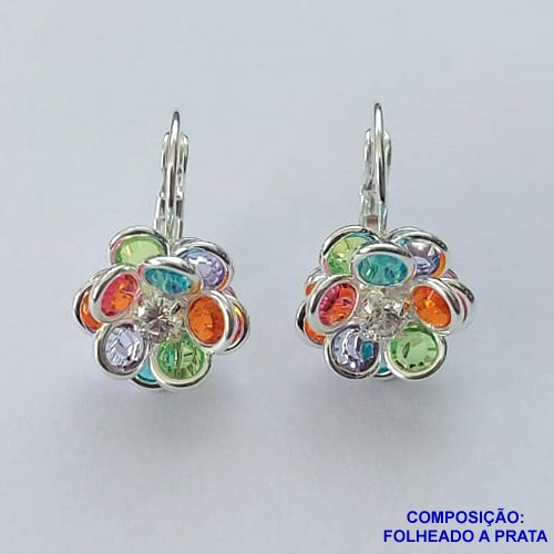 BRINCO FOLHEADO A PRATA COM 50 MILÉSIMOS + VERNIZ DIAMOND - BRINCO FLOR DE ZIRCÔNIAS COLORIDAS 13MM PRA045