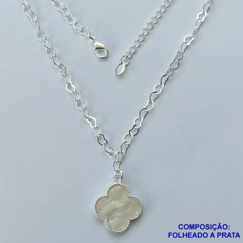 SHOCKER FOLHEADO A PRATA COM 50 MILÉSIMOS + VERNIZ DIAMOND - SHOCKER 40CM CORRENTE CORAÇÃO COM VAN CLEFF MADRE PÉROLA 15MM PRA046
