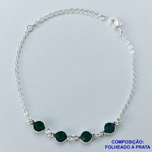 PULSEIRA FOLHEADO A PRATA COM 50 MILÉSIMOS + VERNIZ DIAMOND -  PULSEIRA 16CM COM PEDRA CRISTAL VERDE + EXTENSOR PRA047