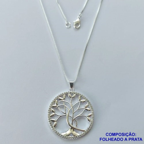 GARGANTILHA FOLHEADO A PRATA COM 50 MILÉSIMOS + VERNIZ DIAMOND - GARGANTILHA CORRENTE VENEZIANA 45CM COM PINGENTE ÁRVORE DA VIDA COM MICRO ZIRCÔNIAS 29MM + EXTENSOR PRA048