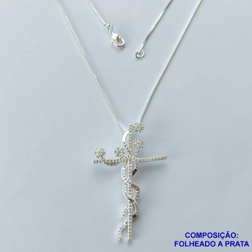GARGANTILHA FOLHEADO A PRATA COM 50 MILÉSIMOS + VERNIZ DIAMOND - GARGANTILHA CORRENTE VENEZIANA 45CM COM PINGENTE CRUCIFIXO CRAVEJADO COM MICRO ZIRCÔNIAS 29X47MM PRA049