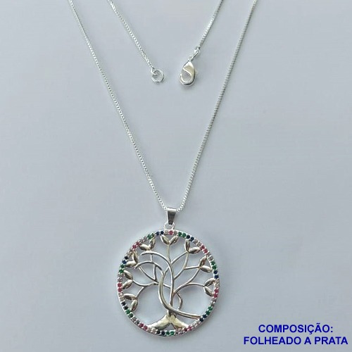 GARGANTILHA FOLHEADO A PRATA COM 50 MILÉSIMOS + VERNIZ DIAMOND - GARGANTILHA CORRENTE VENEZIANA 45CM COM PINGENTE ÁRVORE DA VIDA COM MICRO ZIRCÔNIAS COLORIDAS 29MM PRA051