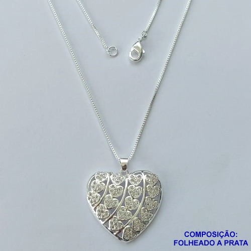 GARGANTILHA FOLHEADO A PRATA COM 50 MILÉSIMOS + VERNIZ DIAMOND - GARGANTILHA CORRENTE VENEZIANA 45CM COM PINGENTE CORAÇÃO COM MICRO ZIRCÔNIAS 26MM PRA053