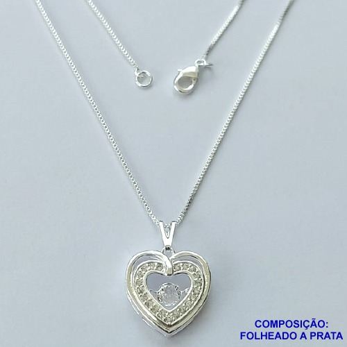 GARGANTILHA FOLHEADO A PRATA COM 50 MILÉSIMOS + VERNIZ DIAMOND - GARGANTILHA CORRENTE VENEZIANA 45CM COM PINGENTE CORAÇÃO COM MICRO ZIRCÔNIAS 17MM PRA054
